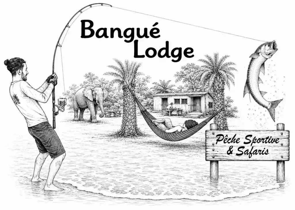 Illustration de Bangué Lodge au Gabon représentant la pêche sportive et les safaris, avec un pêcheur en action, un tarpon, un éléphant, le lodge et la lagune d’Iguéla.