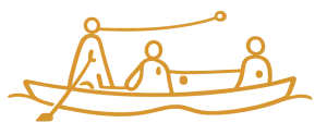 Illustration d'une pirogue de pêche traditionnelle avec trois pêcheurs naviguant sur la lagune d'Iguéla, au Gabon.