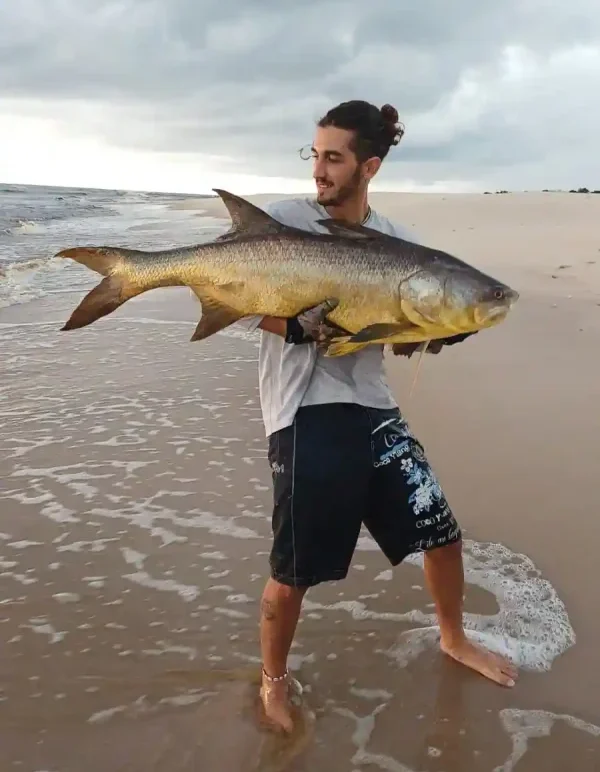 Pêcheur tenant un grand capitaine argenté sur une plage du Gabon, les pieds dans l’eau au bord de l’océan sous un ciel nuageux.