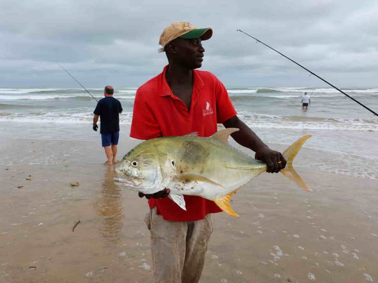 Guide de pêche présentant une carangue capturée sur les plages d’Iguéla au Gabon.
