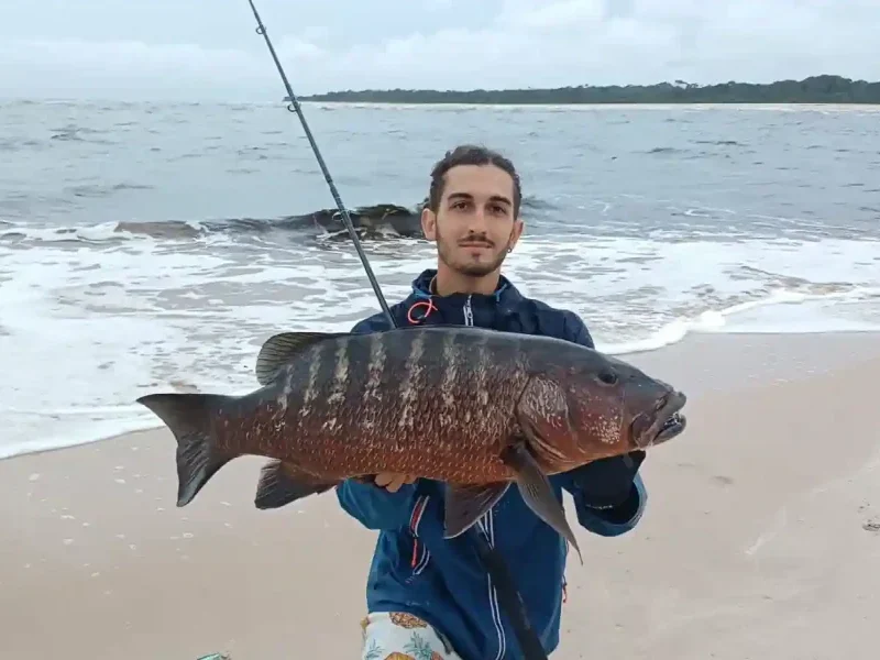 Pêcheur présentant une carpe rouge capturée depuis la plage face à l’océan
