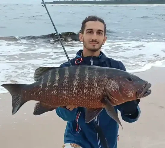 Pêcheur présentant une carpe rouge capturée depuis la plage face à l’océan