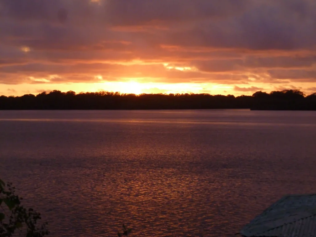 Coucher de soleil sur la lagune d’Iguéla au Gabon, avec les reflets dorés du ciel sur l’eau et la silhouette de la forêt tropicale à l’horizon.