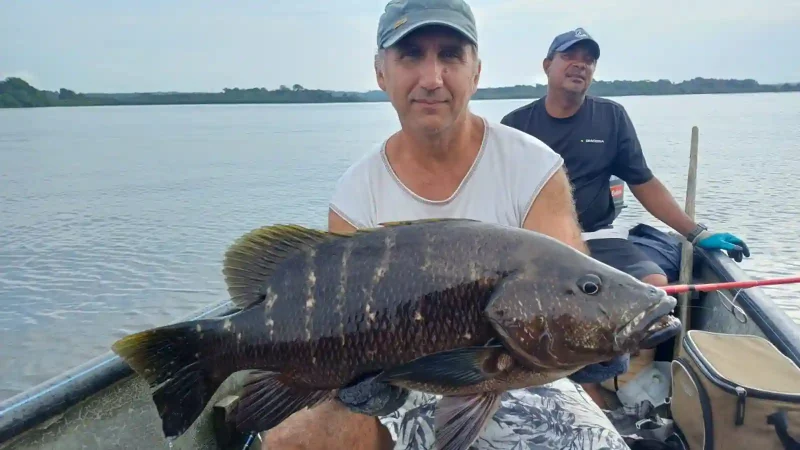 Pêcheur présentant une carpe rouge noire capturée dans la lagune d’Iguéla au Gabon, à bord d’une embarcation traditionnelle.