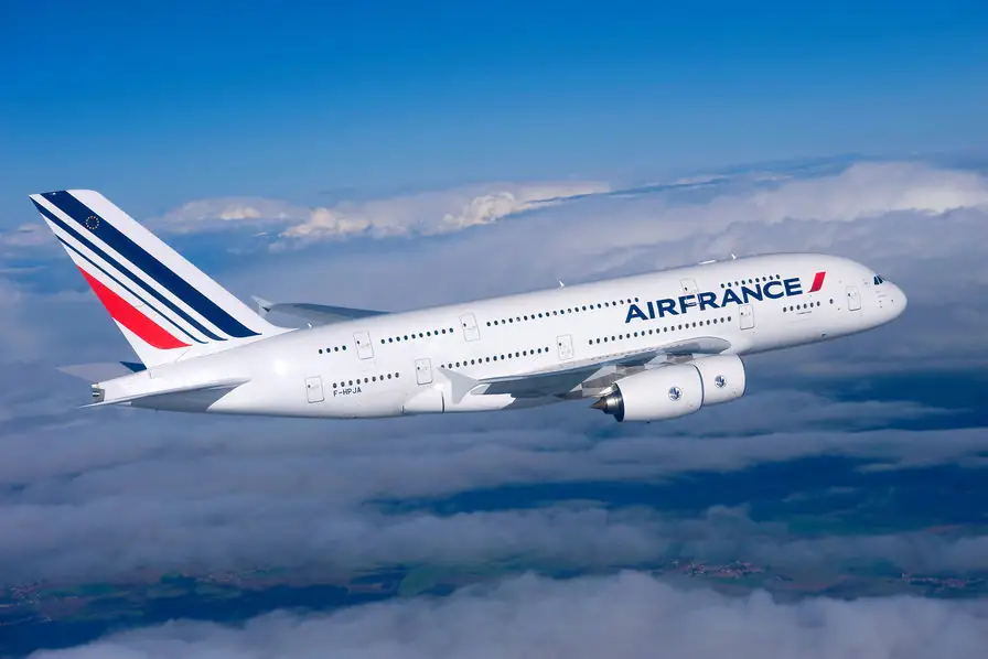 Avion Air France en vol reliant Paris à Libreville, principal point d’entrée aérien pour rejoindre le Gabon avant un séjour dans la lagune d’Iguéla.