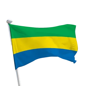Drapeau du Gabon aux couleurs vert, jaune et bleu, symbole national du pays où se situe Bangué Lodge et la lagune d’Iguéla.