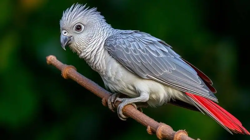 Perroquet gris du Gabon posé sur une branche, avec son plumage gris et sa queue rouge visibles sur fond de végétation.