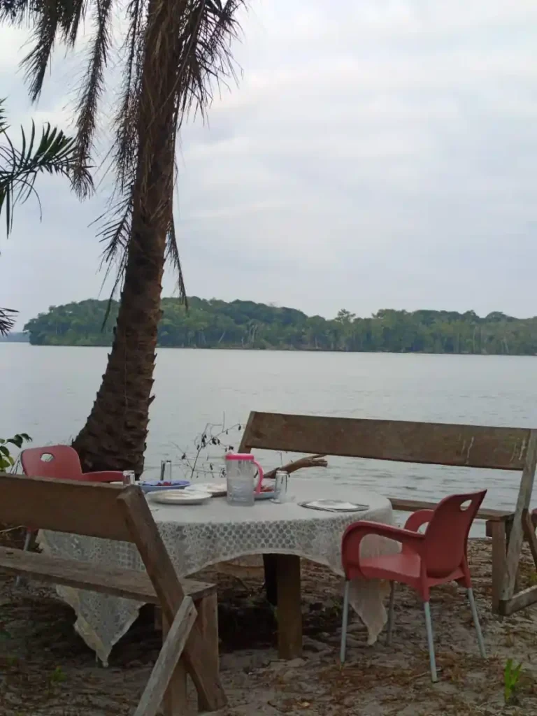 Table dressée au bord de la lagune de Bangué Lodge, sous les palmiers, face à la forêt tropicale.